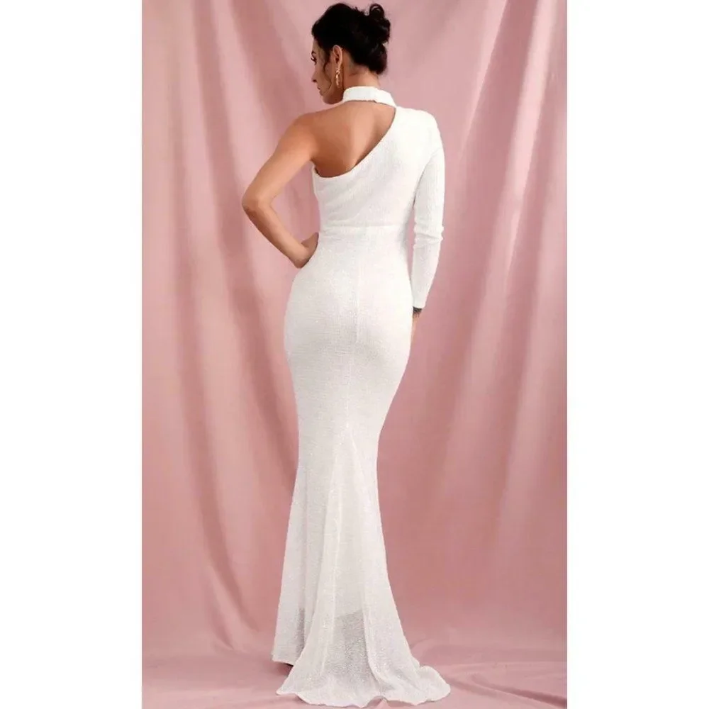 White Sequin Long Sleeve One Shoulder Mock Neck Bodycon Mermaid Maxi Dress NWT - Picture 6 of 8